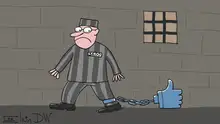 A caricature by Sergey Elkin showing a prisoners chained to a facebook like-button