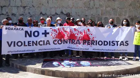 Journalists from different media outlets protest in the city of Oaxaca, Mexico.