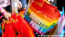 Rainbow and transgender flags on sale at the Rainbow Pride Bratislava Parade, Bratislava, Slovakia, July 22, 2023
