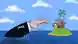 Карикатура - музыканты из группы "Би-2" стоят под пальмой на маленьком острове, гигантская рука из моря с надписью "МИД" на рукаве пытается схватить их.