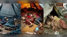 Three fake pictures of children huddled in mud