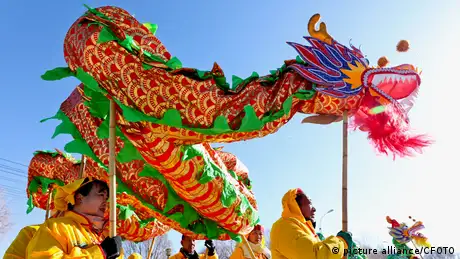 Performers rehearsing a dragon dance in Gansu province, China before the Lunar Year celebrations.